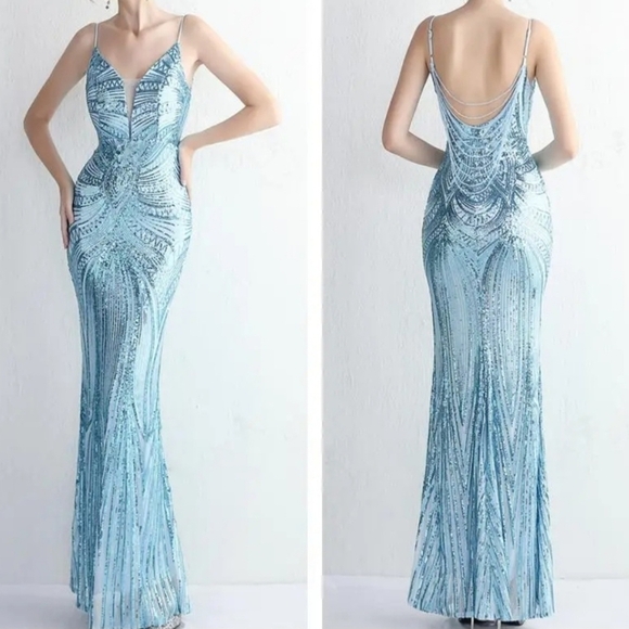 Blue, Geo Print, Sleeveless, Beaded Draped Back, V Neck, Sequined Merma… - Picture 3 of 16